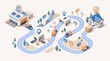 © Marmi - Package delivery journey with cardboard parcel, delivery van, warehouse, tracking route and location pins in modern flat design illustration