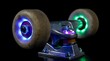 © Esp - Glowing LED skateboard wheels and truck on black.
