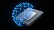 © W - Blue glowing network sphere surrounding computer chip