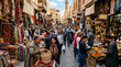 © nisa - Bustling Middle Eastern Marketplace with Shoppers and Vendors.