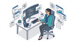 © M Susanto - Isometric illustration of a woman working as a software developer, programmer, or coder with computer monitors and analytics data dashboards in a modern office setup