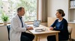 © FarhanaHaque - Friendly male doctor in white coat consulting female patient during modern clinic appointment, natural window light, open laptop and stethoscope on wooden desk, warm medical conversation