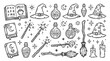 © sajjadhossain - Witchcraft doodle vector elements, magic spell book and potion bottles set, spooky halloween line art illustrations