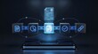 © MindsTock - Holographic document and process icons linked by glowing blue chain representing secure blockchain technology and smart contract authentication on dark digital electronic platform surface