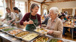 © Alice_Fame - Friendly volunteer serving hot Thanksgiving meal to senior woman at community charity center buffet counter indoors. Family day, autumn celebration concept with copy-space.