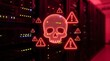 © muhammadsultan - Glowing neon skull with warning icons in futuristic cybersecurity data breach 3D render for digital threat concept