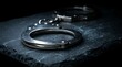 © Pixels Stock - Metallic handcuffs resting on dark slate surface represent concepts of criminal justice law enforcement detainment incarceration punishment and legal security system.