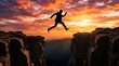 © Aurora frame - Silhouette of a businessman leaping across a wide chasm between two rocky cliffs during a dramatic sunset representing risk and business success in a competitive corporate landscape