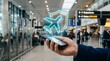 © wiwid - Person holding smartphone with a glowing travel insurance airplane hologram in an airport terminal.