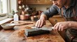 © Luiz - Chef Sharpening Knife: A focused chef meticulously sharpens his blade on a whetstone in a rustic kitchen setting, embodying dedication to culinary craft and precision.