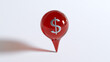 © photo for everything - Red glass map pin with silver dollar currency symbol inside isolated on white background, concept of finance, wealth, business, location