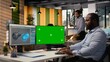 © DC Studio - R&D expert researches eco-friendly materials for power generation gear on a mockup computer while a renewable energy technician upgrades a turbine.