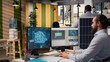 © DC Studio - R&D researcher uses artificial intelligence to study solar green energy systems while an engineer applies AI technology in the office to improve the carbon footprint of photovoltaic systems.