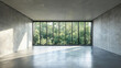 © xinxia - An empty modern interior room with concrete walls and floor, featuring a large glass window overlooking lush green trees outside.