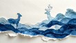© Background Texture - Japanese Paper Cutout Deer Footprint Illustration with Blue Watercolor Waves Landscape Art