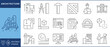 © LukaKumari - Architecture icons set. Blueprint, drafting compass, T-square, ruler, hard hat, floor plan, software, crane, drafting table, and many more. Vector editable stroke.