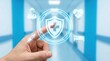 © Gibster - AI digital health insurance policy medical cloud services concept with hand pointing on shield icon and medical symbols