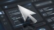 © creative png  - A shiny silver computer mouse cursor arrow floating above a dark digital screen with programming code and text data