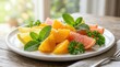 © Masque - Vibrant citrus slices of lemon, orange, and grapefruit garnished with fresh mint and parsley on a white plate.