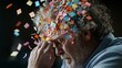 © rashdan malik - A man, overwhelmed, has colorful confetti exploding from his head. He touches his forehead