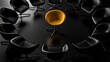 © Daria - Unique yellow swivel chair standing out surrounded by circle of modern black chairs on reflective black surface symbolizing leadership and individuality