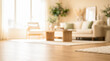 © Celt Studio - Close view showing wooden floorboards alongside textured rug edge foreground against blurred bright cozy living room background featuring comfortable sofa couch houseplants