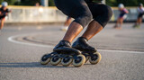 Athlete demonstrates tight skating posture with wheels in motion on concrete track. Legs on inline skates show balance and control during training, emphasizing proper tight skating posture.