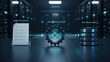 © Nishat - A data processing concept showing a source data module document, a central gear precision processor, and a data archive array in a server room