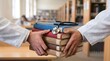 © Suwarna - Medical students or professionals holding a stack of textbooks with a stethoscope on top in a library setting.
