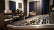 © Arham - Professional audio mixing console sits in a recording studio with blurred rack equipment in the background. Soft bokeh lights illuminate the control surface and sound engineering gear.
