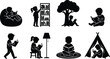 © Sifat - Collection of black silhouettes of children reading books in various environments like a bean bag, under a tree, on a stool, and inside a play tent