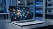 © Amina - Modern laptop displaying global network graphic, server room background with blue LED lights, high-tech data center concept