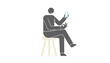 © Sayed - Minimalist vector graphic of a man sitting on a wooden stool while using his smartphone and making an okay sign.