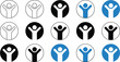 © mstbely - Set of fifteen circular featuring a stylized human figure with arms raised in celebration, in blue, black, and white variations, isolated on a white background