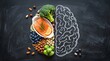 © PhotoParadise - Brain nutrition concept featuring fresh salmon, blueberries, broccoli, and nuts inside a chalk-drawn brain outline on a blackboard.