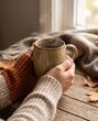 © Alexandra - Woman holding warm ceramic mug with steaming beverage in knitted sweater sleeves. Cozy autumn mood with blanket and dry leaf on wooden table. Minimalist seasonal lifestyle background.