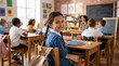 © Helga - A smiling young schoolgirl with braids looking back over her shoulder in a classroom for back to school education concept 1st September