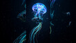 © Saieem - Bioluminescent jellyfish glowing in deep dark ocean water with long tentacles