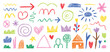 © MdNurul - Childish crayon doodle elements set with colorful hand drawn scribbles. Vector illustration of cute sun, hearts, house, tree, arrows, crowns, and star pencil sketch collection.