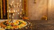© Darya - Traditional brass oil lamp surrounded by flower petals and garlands for Onam festival celebration. Indian Hindu cultural decoration with warm candlelight and copy space.