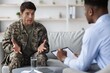 © Prostock-studio - Worried Male Soldier In Camouflage Uniform Engaging In Discussion With Therapist In Office Setting, Seeking Mental Health Support And Guidance For Personal Challenges. Healthcare Concept.