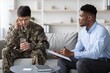 © Prostock-studio - Worried Caucasian Male Soldier Sitting On Sofa In Office While Receiving Therapy From Professional, Holding Glass Of Water. Image Captures Emotional Support Session For Healthcare Concept.