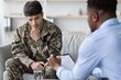 © Prostock-studio - Worried Male Soldier In Military Uniform Expressing Concern During Counseling Session With Therapist In Office Setting. Focused Interaction Aimed At Mental Wellbeing In Healthcare Concept.