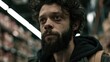 © AndyAziz - Serious young man with dark curly hair and beard in a retail aisle