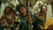 © pattozher - Train Chaos: A scene of panic and terror unfolds inside a moving train carriage as passengers react in fear to an unseen threat.