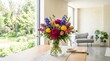 © PSCREATIVE - Vibrant Flower Bouquet on Wooden Table in Modern Living Room with Garden View
