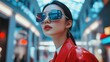 © Noreen - Fashionable young Asian woman influencer posing in modern red coat and stylish sunglasses inside a futuristic neon city shopping mall