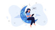 © Bina - Woman with headphones and tablet sitting on a crescent moon with world map, symbolizing global communication and 24/7 service