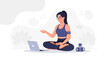© Kala - Woman meditating in lotus pose watching online yoga class on laptop, digital wellness and self-care concept, vector illustration