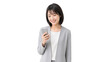 © m2080 - Smiling Japanese businesswoman looking at smartphone isolated on transparent background